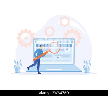 Man Use Loupe Search page de journal d'emploi. Rechercher un emploi en ligne. Ordinateur portable avec article de vacance sur le moniteur. illustration moderne vectorielle plate Illustration de Vecteur