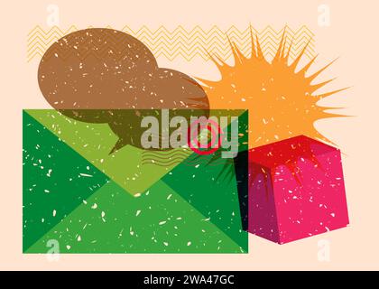 Enveloppe de lettre de courrier de risographie avec bulle de parole avec des formes géométriques. Les objets dans le graphe riso tendance impriment la conception de style de texture avec l'élément géométrique Illustration de Vecteur