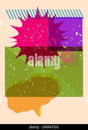 Enveloppe de lettre de courrier de risographie avec bulle de parole avec des formes géométriques. Les objets dans le graphe riso tendance impriment la conception de style de texture avec l'élément géométrique Illustration de Vecteur