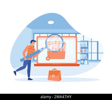 Le travailleur masculin ajoute des fichiers à un grand dossier. Stockage et indexation des informations. illustration moderne vectorielle plate Illustration de Vecteur