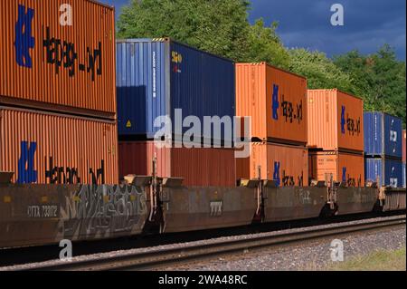 Glen Ellyn, Illinois, États-Unis. Le soleil de fin d'après-midi illumine les conteneurs d'un train de marchandises intermodal de l'Union Pacific Railroad à destination de Chicago. Banque D'Images