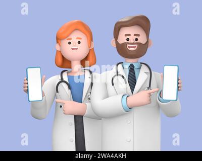 rendu 3d. Personnages de dessins animés médecins, homme et femme caucasiens, équipe internationale de professionnels de la santé isolés sur fond bleu. Médical Banque D'Images