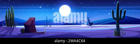 Désert de nuit avec lune brillant dans le ciel. Illustration de dessin animé vectoriel de paysage occidental de minuit, zone sèche avec des pierres, des dunes de sable et des cactus, des étoiles brillantes scintillant dans l'obscurité, fond de voyage Illustration de Vecteur