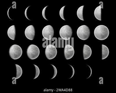 Phases de lune croissant et cycles d'étape de planète lunaire dans le ciel, symbole d'espace vectoriel. Phases réalistes de lune de plein, demi et quart, nouvelle lune et éclipse pour calendrier astrologique sur fond noir de nuit Illustration de Vecteur