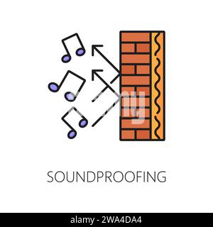 Icône d'isolation thermique murale insonorisée. Symbole de contour de technologie de couche d'isolation de construction de maison, symbole ou signe de vecteur de ligne mince de système d'isolation thermique, sonore et sonore de façade de maison Illustration de Vecteur