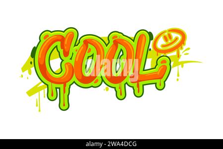 Graffiti cool, Street art ou lettrage de style urbain avec spray de peinture sur le mur, illustration vectorielle. Mot graffiti Cool dans l'écriture de peinture d'aérographe orange vert avec emoji de sourire de dessin animé et des gouttes de fuite de peinture Illustration de Vecteur
