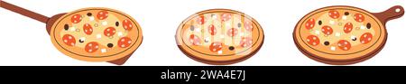 Pizza italienne sur des planches de bois. Restauration rapide italienne traditionnelle. Cuisine italienne, cuisine traditionnelle. Illustration vectorielle. Illustration de Vecteur