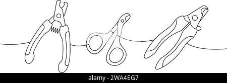 Kit de fournitures pour animaux de compagnie. Ciseaux pour le toilettage des animaux de compagnie, coupe-ongles pour animaux de compagnie illustration continue d'une ligne. Illustration linéaire vectorielle. Illustration de Vecteur
