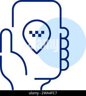 Application de réservation de taxi en ligne. Main tenant le smartphone. Contour modifiable et parfait au pixel près Illustration de Vecteur