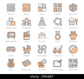 Icônes de ligne plate de jouets de bébé de développement précoce. Tapis de jeu, bloc de tri, tableau occupé, chariot, voiture jouet, illustrations de chemin de fer pour enfants. Signes minces pour Illustration de Vecteur