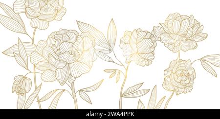 Motif de fleur de ligne d'or de vecteur, fond d'art de luxe. Feuilles et pivoines papier peint abstrait, ornement végétal de texture, illustration de mariage Illustration de Vecteur