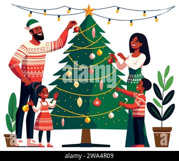 Illustration de style plat de la famille noire heureuse décorant leur arbre de Noël. Illustration de Vecteur