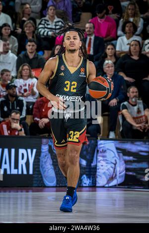 Monaco, Monaco. 29 décembre 2023. Le joueur #32 de Monaco Matthew Strazel est vu lors du match du 17e tour de l'Euroleague Turkish Airlines entre L'AS Monaco et le FC Barcelone (score final 91-71) à la salle Gaston-Medecin de Monaco, le 29 décembre 2023. Photo de Laurent Coust/ABACAPRESS.COM crédit : Abaca Press/Alamy Live News Banque D'Images