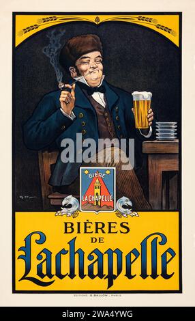 Publicité de bière vintage - bières de Lachapelle (ca. 1920s) affiche de publicité française - G. Ripart œuvre d'art - Homme fumant et buvant de la bière. Banque D'Images