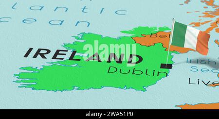 Irlande, Dublin - drapeau national épinglé sur la carte politique - illustration 3D. Banque D'Images