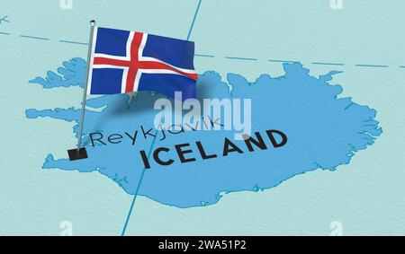 Islande, Reykjavik - drapeau national épinglé sur la carte politique - illustration 3D. Banque D'Images