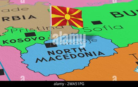 Macédoine du Nord, Skopje - drapeau national épinglé sur la carte politique - illustration 3D. Banque D'Images