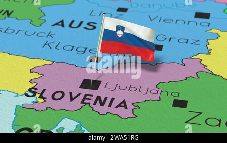 Slovénie, Ljubljana - drapeau national épinglé sur la carte politique - illustration 3D. Banque D'Images