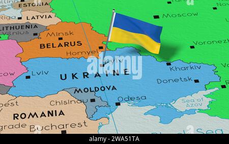 Ukraine, Kiev - drapeau national épinglé sur la carte politique - illustration 3D. Banque D'Images