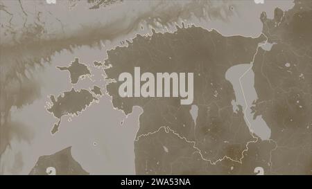 L'Estonie a décrit sur une carte d'altitude colorée en tons sépia avec des lacs et des rivières Banque D'Images