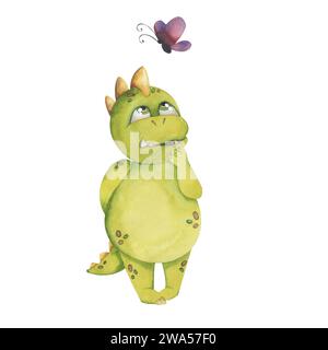 Un dinosaure vert regarde le papillon Banque D'Images