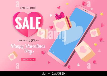 Smartphone et coffrets cadeaux pour les amoureux, bannière de vente de remise Saint Valentin. Promotion bonne Saint-Valentin avec fond d'affichage du produit. Vecteur Illustration de Vecteur