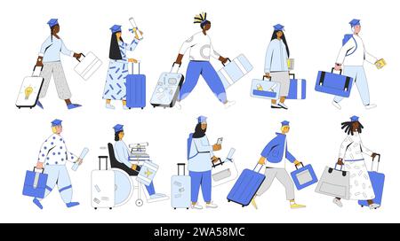 Ensemble d'illustration vectorielle colorée de personnes isolées avec des sacs de voyage. Fuite des cerveaux et collecte des programmes d'immigration des diplômés. Jeu de conception simple avec Illustration de Vecteur