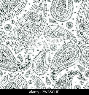 Modèle sans couture Monohcrome avec motifs Paisley sur fond blanc Illustration de Vecteur