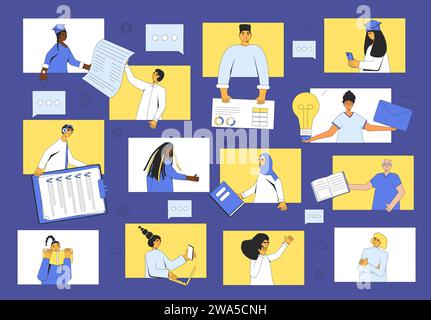 Concept de communauté d'apprentissage. Éducation en ligne. Des gens qui se parlent et collaborent sur Internet. Service d'éducation à domicile. Vector outli Illustration de Vecteur
