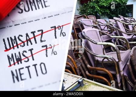 FOTOMONTAGE, gastro-Krise : Gestrichene Umsatzsteuer von 7 Prozent auf einem Kassenbon und gestapelte Stühle vor einem geschlossenen Restaurant *** PHOTOMONTAGE, crise gastronomique 7 % de taxe de vente sur un reçu et des chaises empilées devant un restaurant fermé Banque D'Images