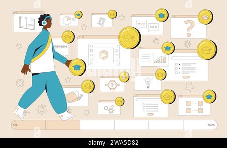 La gamification dans le progrès de l'apprentissage. Engagement et motivation dans l'éducation. Système de gestion de l'apprentissage. Illustration vectorielle. Illustration de Vecteur