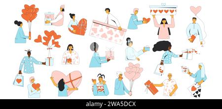 Personnes de Saint-Valentin avec coffret cadeau. Les gens donnant la collection de cadeaux. Personnages romantiques avec des boîtes cadeaux en forme de coeur. Février 14 collection iso Illustration de Vecteur