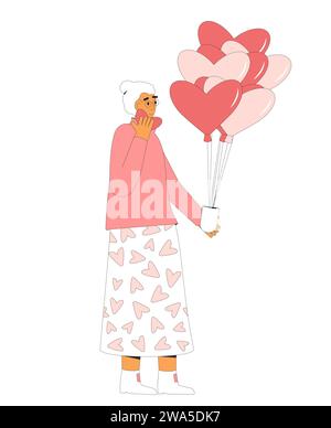 Femme senior tenant des ballons en forme de coeur isolé sur fond blanc. Illustration vectorielle de contour plat Illustration de Vecteur