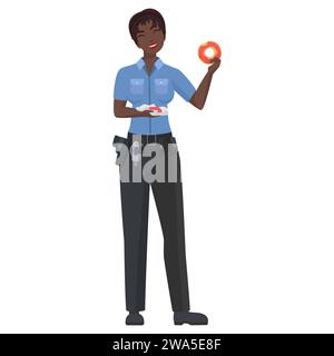 Femme de police noire souriante mange des beignets. Officier de police ayant le petit déjeuner illustration vectorielle de dessin animé Illustration de Vecteur