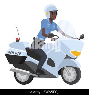 Vue de face de la police femme noire sur moto. Officier de police sur illustration vectorielle de dessin animé de moto Illustration de Vecteur