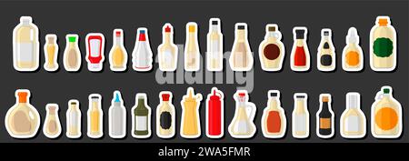 Illustration sur le thème grand kit bouteilles en verre variées remplies de sauce épaisse mayonnaise, bouteilles composées de sauce mayonnaise, étiquettes vides pour les titres, s Illustration de Vecteur