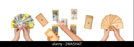 Lodz Pologne décembre 25 2023 jeu de lecture de cartes Tarot. Mains tenant le taro, l'étalement, l'arrangement isolé sur blanc Banque D'Images