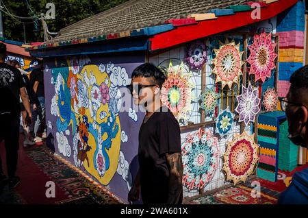 Taichung, Chine. 02 janvier 2024. Les gens interagissent avec le Street art vibrant au Rainbow Village à Taichung, Taiwan le 02/01/2024 les peintures murales colorées, créées par Huang Yung-Fu, un ancien soldat connu sous le nom de "Rainbow Grandpa", ont transformé un village dépendant de l'armée en une destination artistique célèbre, le sauver de la démolition et capturer l'esprit de la communauté avec ses peintures fantaisistes. Le village est devenu une attraction touristique populaire et sert en même temps comme un symbole significatif du patrimoine local et de la résistance créative par Wiktor Dabkowski crédit : dpa / Alamy Live News Banque D'Images