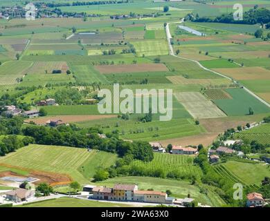 vu du dessus de la plaine avec des champs cultivés divisés en formes géométriques au printemps Banque D'Images