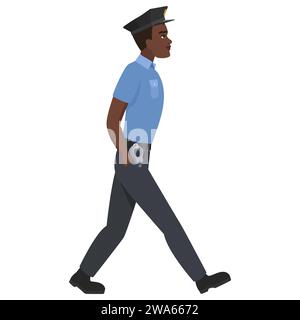 Vue latérale du policier noir marchant. Illustration vectorielle de dessin animé d'officier de police africain masculin Illustration de Vecteur