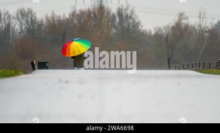 Bad Vilbel, Allemagne. 02 janvier 2024. Une femme part se promener sur la piste cyclable le long de la Nidda par temps de pluie. Crédit : Andreas Arnold/dpa/Alamy Live News Banque D'Images