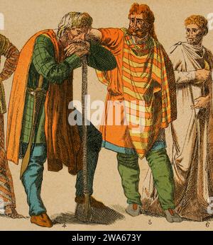 Gaulois. De gauche à droite : 4- vêtement de guerrier, avec épée attachée avec chaîne, 5- costume masculin d'une personne de rang, 6- vêtement de prêtre gaulois, avec couteau sacré. Chromolithographie. 'Historia Universal', de Cesar Canto. Volume II, 1881. Banque D'Images