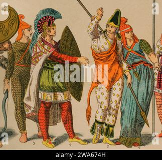 Péninsule anatolienne. Lydiens et Phrygiens. De gauche à droite; 3: Arc à un ou deux cornes, 4: costume de prince, 5: vêtements amazon, 6: Vêtements amazon de style grec. Chromolithography. 'Historia Universal' (Histoire universelle), par Cesar Cantu. Volume I, 1881. Banque D'Images