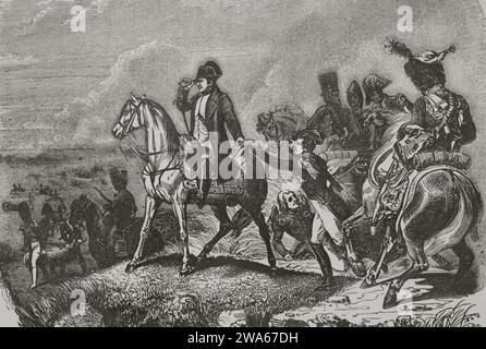 Guerre de la Cinquième Coalition (avril-octobre 1809) des guerres napoléoniennes. Bataille de Wagram (5-6 juillet 1809). L'armée de Napoléon engagea et réussit à repousser les troupes autrichiennes de l'archiduc Charles. Gravure de A. Sandoz et H. Vernet. Los Heroes y las Grandezas de la Tierra. Volume V. 1855. Banque D'Images