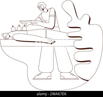 Massage du dos par ventouse bien-être avec masseur professionnel au spa. Tracé de contour. Illustration vectorielle isolée. Illustration de Vecteur