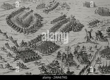 Bataille de Dreux (19 décembre 1562). Les catholiques, menés par l'agent Anne de Montmorency, François de guise et le maréchal Jacques d'Albon de Saint-André, ont vaincu les huguenots commandés par Louis Ier de Bourbon et l'amiral Gaspard II de Coligny. Ce fut la première bataille pendant les guerres de religion françaises. Au premier plan, le maréchal Jacques d'Albon de Saint-André, du côté catholique, est abattu. Gravure. Vie militaire et religieuse au Moyen Age et l'époque de la Renaissance. Paris, 1877. Banque D'Images