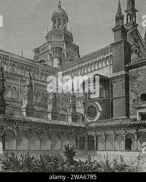 Italie. Certosa di Pavia. Petit cloître. Gravure de Bertrand et Huyot. Vie militaire et religieuse au Moyen Age et a l'époque de la Renaissance. Paris, 1877. Banque D'Images