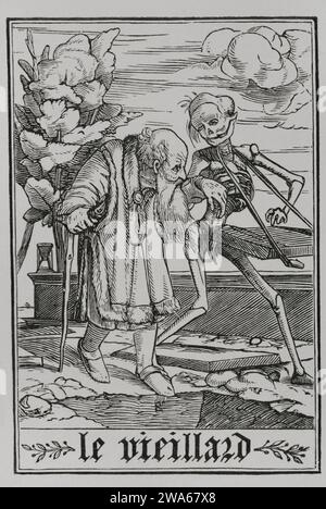 Le vieil homme La mort, représentée comme un squelette jouant d'un instrument de musique, accompagne un vieil homme jusqu'à sa tombe. Fac-similé d'une gravure, appartenant à la série 'la danse de la mort' de Hans Holbein le Jeune, dans 'les Simulachres et histoires facies de la mortt', 1538. Vie militaire et religieuse au Moyen Age et a l'époque de la Renaissance. Paris, 1877. Banque D'Images