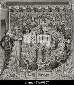 Table ronde du Roi Arthur. Gravure d'une miniature du 14e siècle. 'Les Arts au Moyen Age et a l'époque de la Renaissance', de Paul Lacroix. Paris, 1877. Banque D'Images