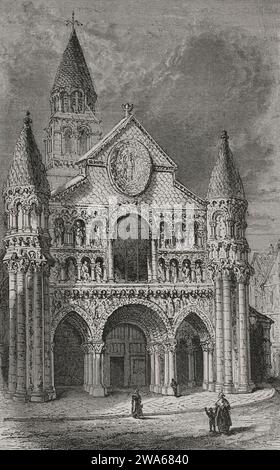 Poitiers, France. Église notre-Dame-la-Grande. Style roman. Gravure. 'Les Arts au Moyen Age et l'Epoque de la Renaissance', par Paul Lacroix. Paris, 1877. Banque D'Images